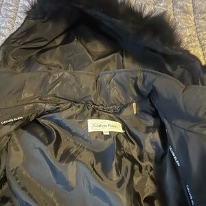 Calvin Klein Long Black Quilted Jacket with Fur Trim